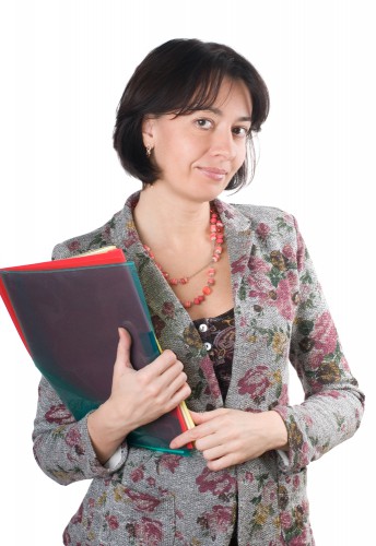 Woman with records in her arms.