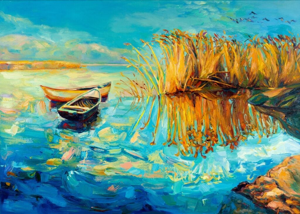 Original oil painting of boats, beautiful lake and Fern(rush) on canvas. Sunset over ocean. Modern Impressionism